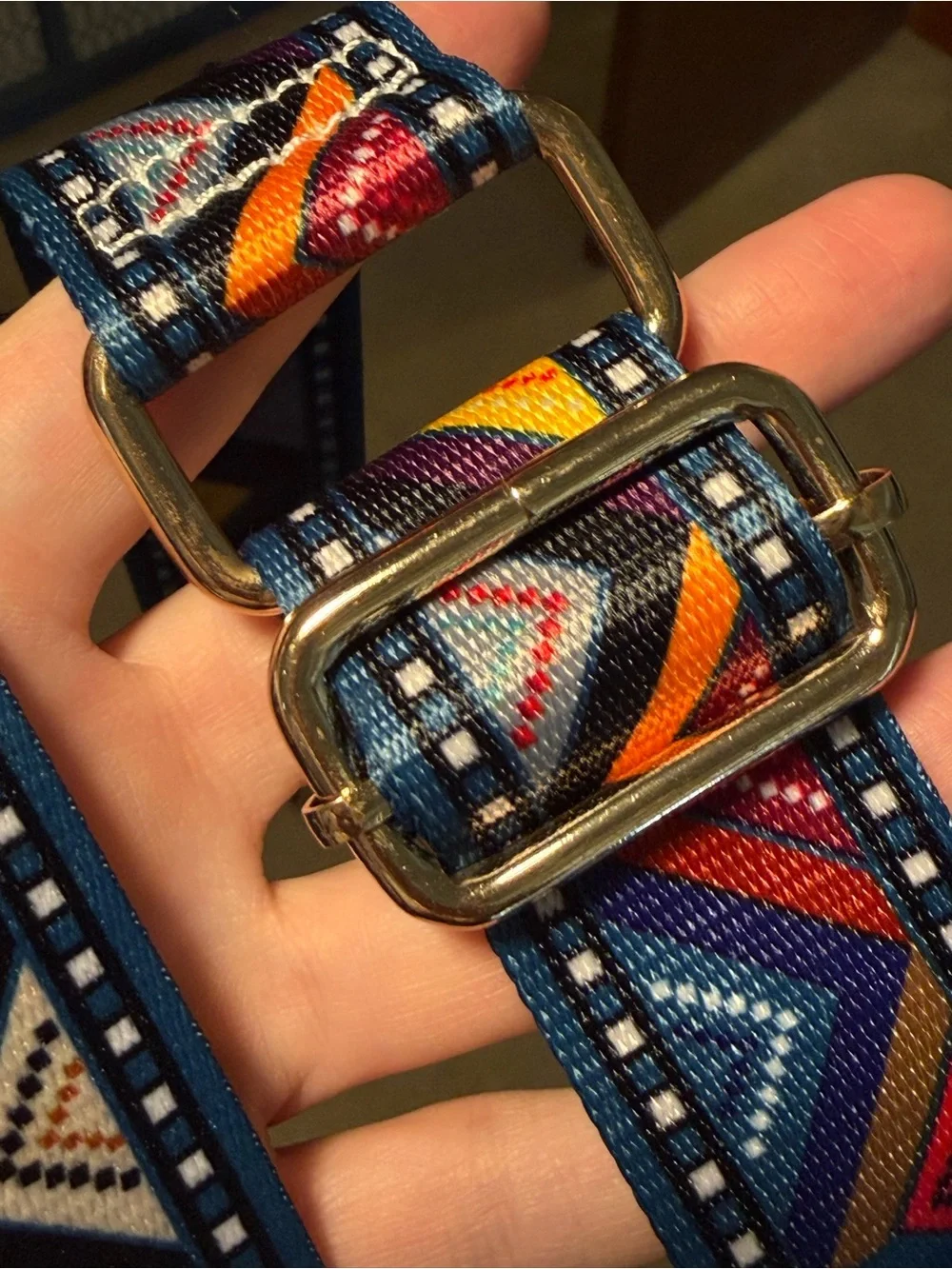Source Unknown Navy Multicolor Geometric Phone Case Strap with Tan Leather Ends
